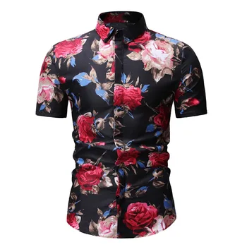 2020 Nye herre Slim fit Blomst Trykte Shirts Mandlige Korte Ærmer Blomstret Skjorte Mænd Basic Toppe Afslappet Plus Size Shirts