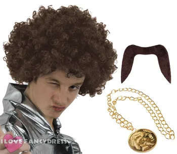 MENS 70S KIT WIG MOUSTACHE AND MEDALLION NECKLACE AFRO HIPPY FANCY DRESS COSTUME