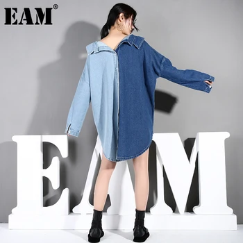 [EAM] Kvinder Blå Kontrast Farve Denim Stor Størrelse Bluse Nye Revers Lange Ærmer i Loose Fit Skjorte Fashion Forår, Efterår 2021 MA70505