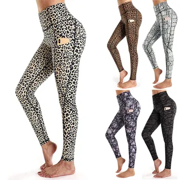 Kvinder Leopard Høj Talje Fuld Længde Yoga Pants Med Lommer Komprimeret Sved-Absorberende Ultra-Bløde Kører Bukser Yoga Klud
