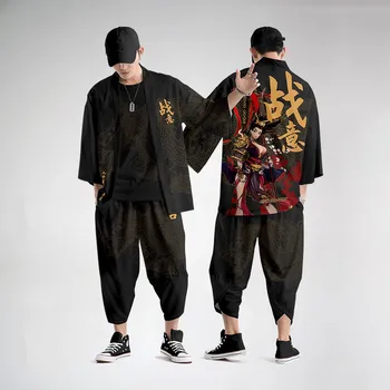 Kinesisk Stil Print Mænds Kimono Cardigan-Sæt Plus Size Mandlige Yukata Samurai Tøj, Casual Løs Streetwear Jakke, Bukser Passer til 6XL