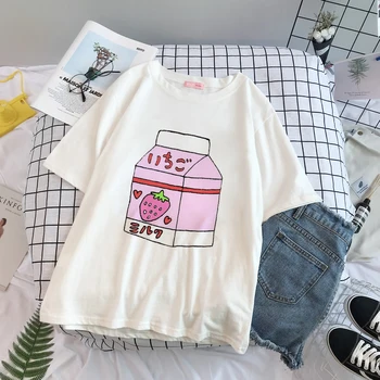 2020 Nye Sommer Fashion T-shirt Kvinder Harajuku Æstetiske Hvide Toppe Tshirt Japan Jordbær Saft Grafisk Print Kvindelige T-Shirt