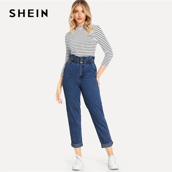 SHEIN Blå Rullet Flæse Hem Høj Talje Jeans 3 Farver 2019 Kvinder Foråret Almindelig Lomme og Lynlås, Elastik i Taljen Casual bukser Bukser