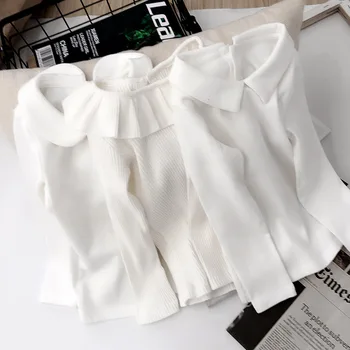 2021 Foråret Baby Piger Hvid Skjorte Børn Solid Langærmet Toppe Flæser Krave Piger Under Skjorte Bluse I Bomuld