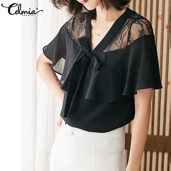 Celmia 2021 Sommeren Black Lace Fashion Skjorter Bluser til Kvinder kortærmet Bow Tie Casual Chiffon Toppe Løs Se-gennem Blusas
