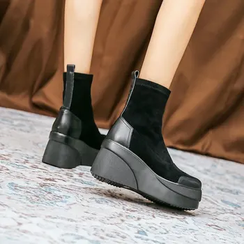 Vinter ankle platform sko til kvinden, nye mode Slip på Rund tå goth consice Fladskærms-platform sko, Korte støvler, knæhøje boot