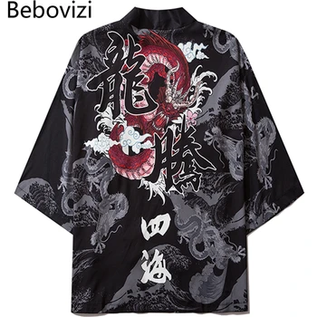 Bebovizi Dragon Print Yukata Mænd, Kvinder Mode Cardigan Løs Bluse Lejligheder Obi Asiatisk Tøj Harajuku Japanske Cosplay Kimono