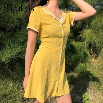 Bazaleas 2019 Fashion Center Hvide Knapper Kvinder Kjole Vintage Yellow Slanke Kjoler A-line Flæser Pynt mini vestidos Casual