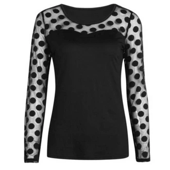 Womens Fashion Sommer sexet Skjorte bluse med lange ærmer mesh polka prikker, print patchwork toppe