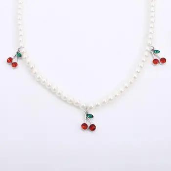 Kreativ Mode Smykker Simpel Efterligning Perle Halskæde Ins Net Rød Med Små Kirsebær Vedhæng Halskæde Damer Banket
