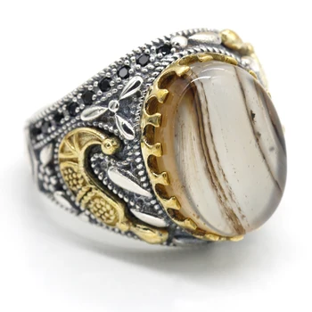 Hot salg 925 sterling sølv ring tyrkisk smykker ocean agat sten ring, sort spinel mænds ring høj smykker