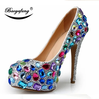 BaoYaFang Flerfarvede Crystal Dame Bryllup sko højhælede Pumps-Platform sko til kvinden, Rund Tå