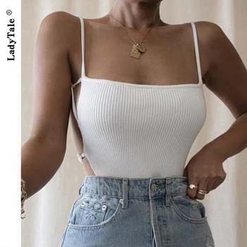 LadyTale Hvid Backless Strikket Crop Tops Bomuld Tank Crop Tops Sexet Snøre Rib Trendy Hule Top 2020 Sommeren Streetwear
