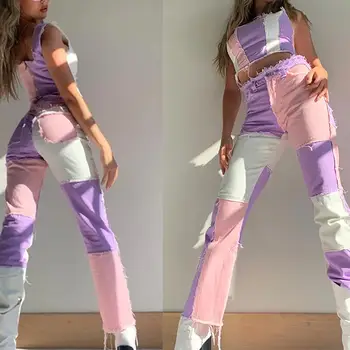 2020 Ny hip hop efteråret Blå/Pink patchwork Jeans kvinder High waist Hip hop lige Jeans damer bukser kvindelige denim til kvinde