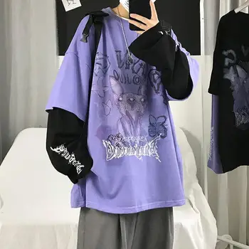 Patchwork Tshirt Streerwear Efteråret Japansk Lilla T-Shirt Langærmet Tees Pige Hip Hop Toppe Kausale Løs Punk T-Shirts Kvindelige