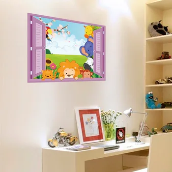 3D-Vinduet Tegnefilm Dyr, Zoo Wall Sticker Lion Kids Room Decals Piger drenge Vinyl Væg Sticker Home Decor Søde Dyr Windows