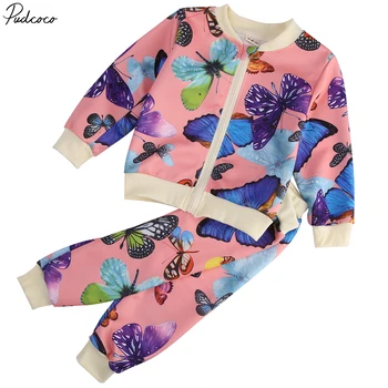 2stk Baby Buksetrold Børn Piger Tøj Butterfly Cardigan Tops + Bukser Outfits Sæt