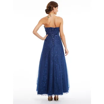 Dressv mørke royal blå stropløs lang aften kjole billige perlebesat lace wedding party formel kjole en linje aften kjoler