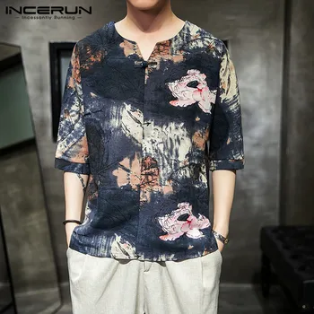 INCERUN Sommeren Vintage Print Herre Shirt i Bomuld med V Hals Halvt Ærme Casual Bluse Camisa Masculina Kinesisk Stil Skjorter til Mænd 2021