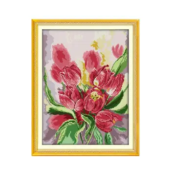 Planten Blomst Serie Pink Tulipan Håndlavet håndarbejde, broderi, smukke blomster i fuldt flor Stof Klud Syning Dekoration