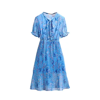 Nye sommer plus size lang kjole til kvinder stort kort ærme casual elastisk talje blomster plisserede kjoler blå 4XL 5XL 6XL 7XL