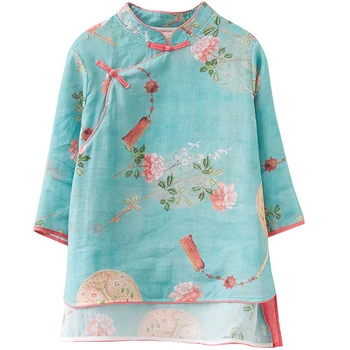Bomuld og hør Tang passer kvinders efteråret nye Kinesiske stil print løs tre-kvart ærme te T-shirt
