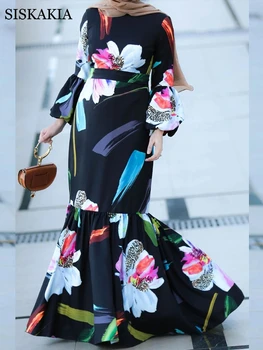 Siskakia Havfrue Kjole til Kvinder Mode Lanterne Lange Ærmer Etniske Print Mellemøsten, Malaysia, Indonesien Sydøstasien Tøj