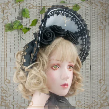 Smukke Gotiske Vintage Bløde Pige Lolita Victorianske Retten Solhat Bnt Cosplay Blomst Multilayer Blonder Perle Kæde Bonnet Håndlavet
