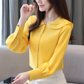 2020 Forår og Efterår Kvinder langærmet Skjorte koreanske Søde piger Double-decker Peter pan Krave Solid Farve Løs Chiffon Skjorte