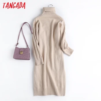 Tangada Fashion Kvinder Solid Elegant Twist Turtleneck Sweater Løs Kjole med Lange Ærmer Damer Varm Midi Kjole 6D23