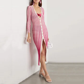 2020 Efteråret Nye Kvinder ER af Høj Kvalitet-Sexy-V-Hals-Knappen Pink Stribet Split Sweater Kjole Elegant Club Banket Kjoler Vestidos