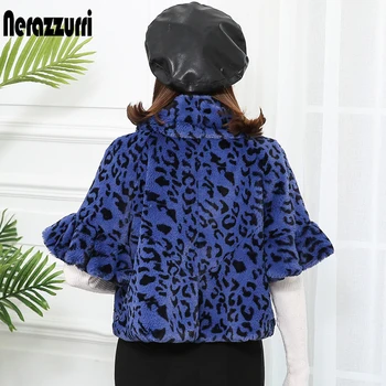 Nerazzurri leopard print imiteret pels jakke kvinder plus size pelset jakke butterfly sleeve half sleeve falde designer kort afgrøde top