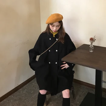 Cotday Uld Løs Lang Sort Dobbelt Breasted 2020 Mode Efteråret Koreansk Stil Vintage Elegante Vinteren Kvinde Uld Blanding Frakke