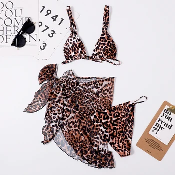 Sexet Leopard Bikini 2021 Badedragt Kvinder Badetøj Mesh Cover Up Strand Slid Micro g-streng 3 Piece Bikini Sæt Svømme badedragt
