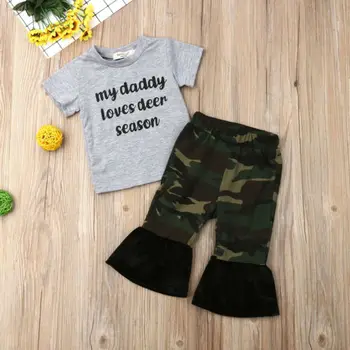 2019 Baby Pige Tøj Barn Børn Baby Pige Solid Toppe, T-shirt+ Camo Flare Pants Outfits Sæt Sommer