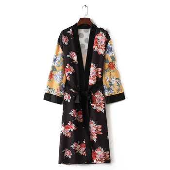 Ny Mode Kvinder, Flower Print Kimono Trøje Bandage Cardigan Blouse Top Dække Op Boho Lang Løs Strand Kjole med Bindebånd Gul