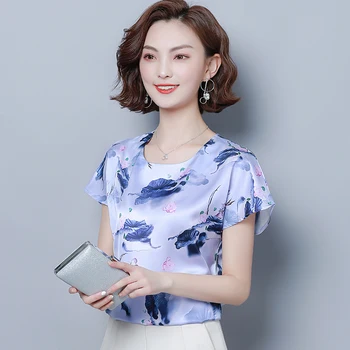 Koreansk Mode Silke Kvinder Bluser Blomster Print Satin Hvid Kvinder Shirts Plus Størrelse XXXL/4XL Blusas Femininas Elegante Damer Toppe