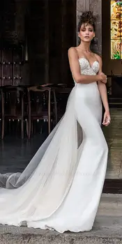 Verngo 2021 Nye Kollektion Mermaid Bryllup Kjole Med Aftageligt skørt Fine Blonde Mønster, Perler Bride Kjoler Aftagelig Wrap