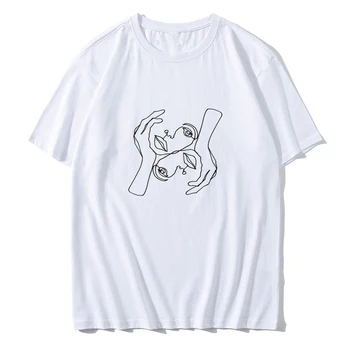 Skuggans Oprettelse Ansigt Linje Kunst T-Shirt Kvinder Sommeren Afslappet Toppe Kvindelige T-shirt med O-hals Abstrakte, Enkle t-shirts koreansk Tøj