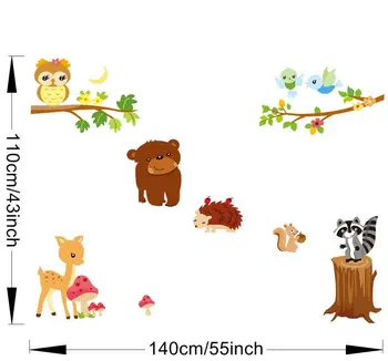 Bjørn ugle hjorte, egern fugl dyr wall stickers til børneværelset indretning tegnefilm væg kunst zoo kids vægoverføringsbilleder 9089. 3.5