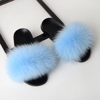 ZDFURS *2018 Nye Mode Kvinder Fur Tøfler Luksus Fast Fox Fur Strand Sandal Sko Bløde Komfortable Furry Flip FlopsMore Overlegen