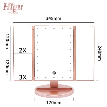 Higu Tri-foldet Tabel Makeup Spejl LED Light Touch Screen Fold Spejle 180 Graders Justerbar Tabel Professionel Kosmetisk Værktøj