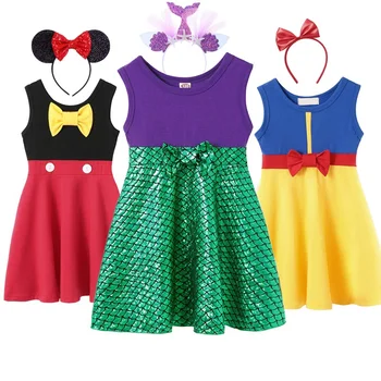 MUABABY Børn Prinsesse Sommer Kjole til Piger Barn Snow White Ariel, Belle Mickey Casual Bomuld Fødselsdag Kostume med Tilbehør