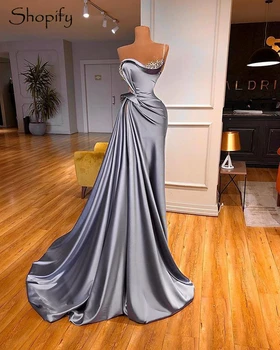 Lange Sølv Aften Kjoler 2020 Havfrue Stil Elegant Høj Slids Beaded Dubai Kvinder Afrikanske Satin Formelle Kjoler