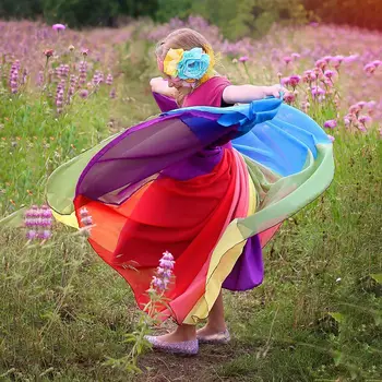 2020 Sommeren Nye Ankomst Piger kortærmet Kjole Afslappet Lang Kjole Regnbue Farve Syning af børnetøj Til Piger 2-8 Y