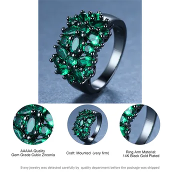 Charme Kvindelige Grøn Krystal Blomst Ring Luksus 14KT Sort Guld Engagement Ring Vintage Zircon Bryllup Band Store Ringe Til Kvinder