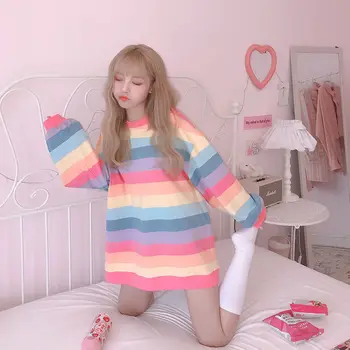 2020 Rainbow Sød Koreanske Kawaii Mode Efteråret Kvinder Løs Harajuku Trøjer Med Lange Ærmer Tøj