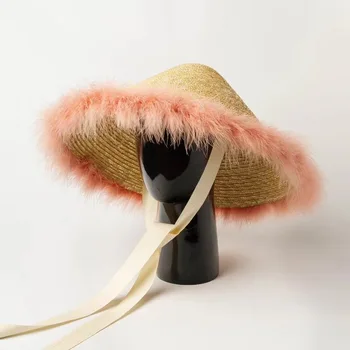 01909-HH7320 2019 Hånd-vævet strå farve Fjer Bambus hat modellering fotomodel Vis cap kvinder fritid holiday beach hat