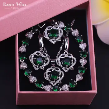 Hjertet i Hjertet Pladsen Sølv Farve smykker sæt grønne sten cubic zircon mode smykker den laveste pris, bedste kvalitet