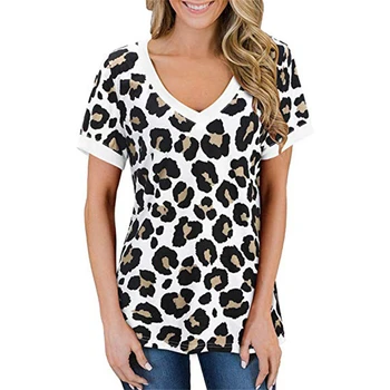 Kvinder Leopard Print T-shirt med V-Hals Tøj Kvindelige blomsterprint Sommeren 2020 Casual Toppe Tee Kvinder tshirt Top Bomuld XXL Størrelse